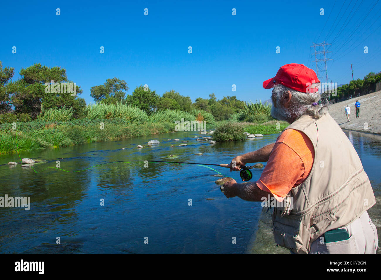 Kids and those wishing to learn to fish attend The first annual Off tha’ Hook fly fishing event, Los Angeles River Stock Photo