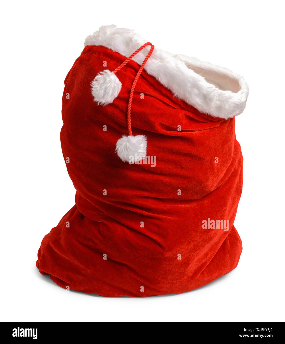 Red Velvet Santa Bag Open Isolated on White Background. Stock Photo