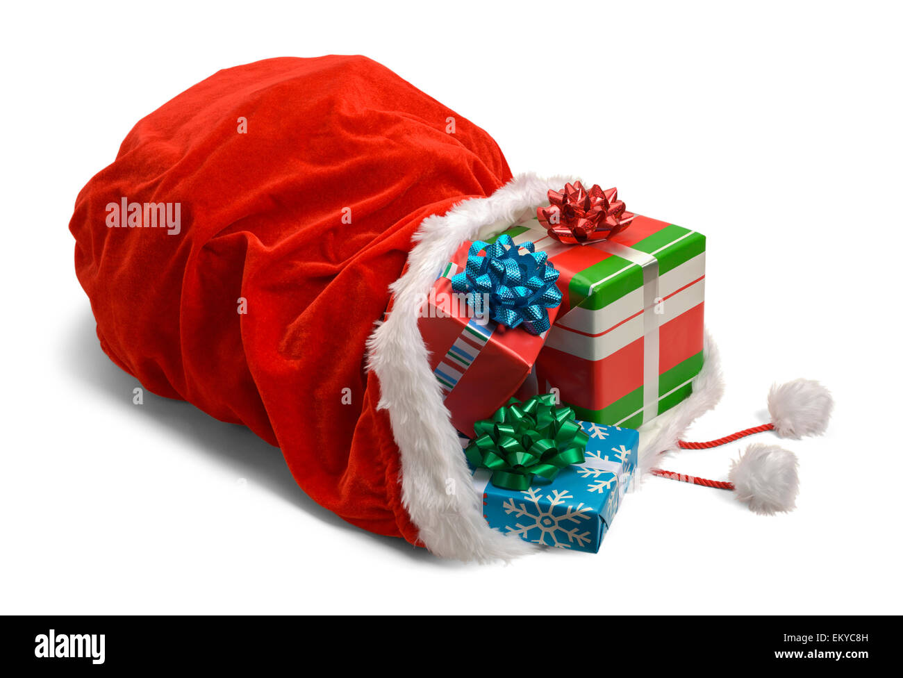 Santa Bag on Side with Presents Coming Out Isolated on White Background. Stock Photo