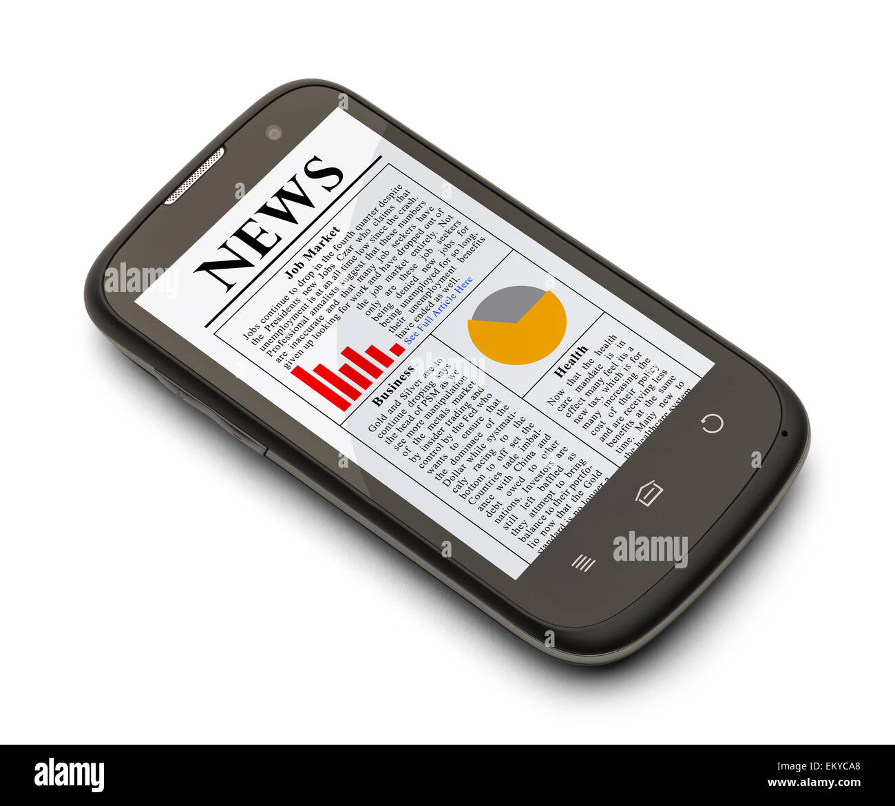 Cell Phone with News Paper on Screen Isolated on White Background. Stock Photo