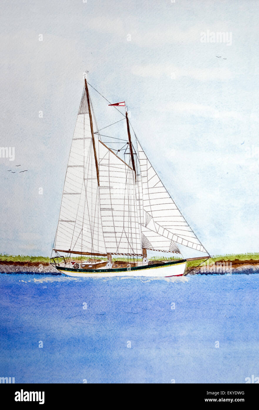 Watercolor painting of a sailboat. Stock Photo