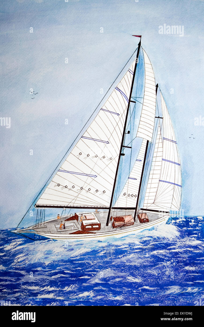 Watercolor painting of a sailboat on high seas. Stock Photo