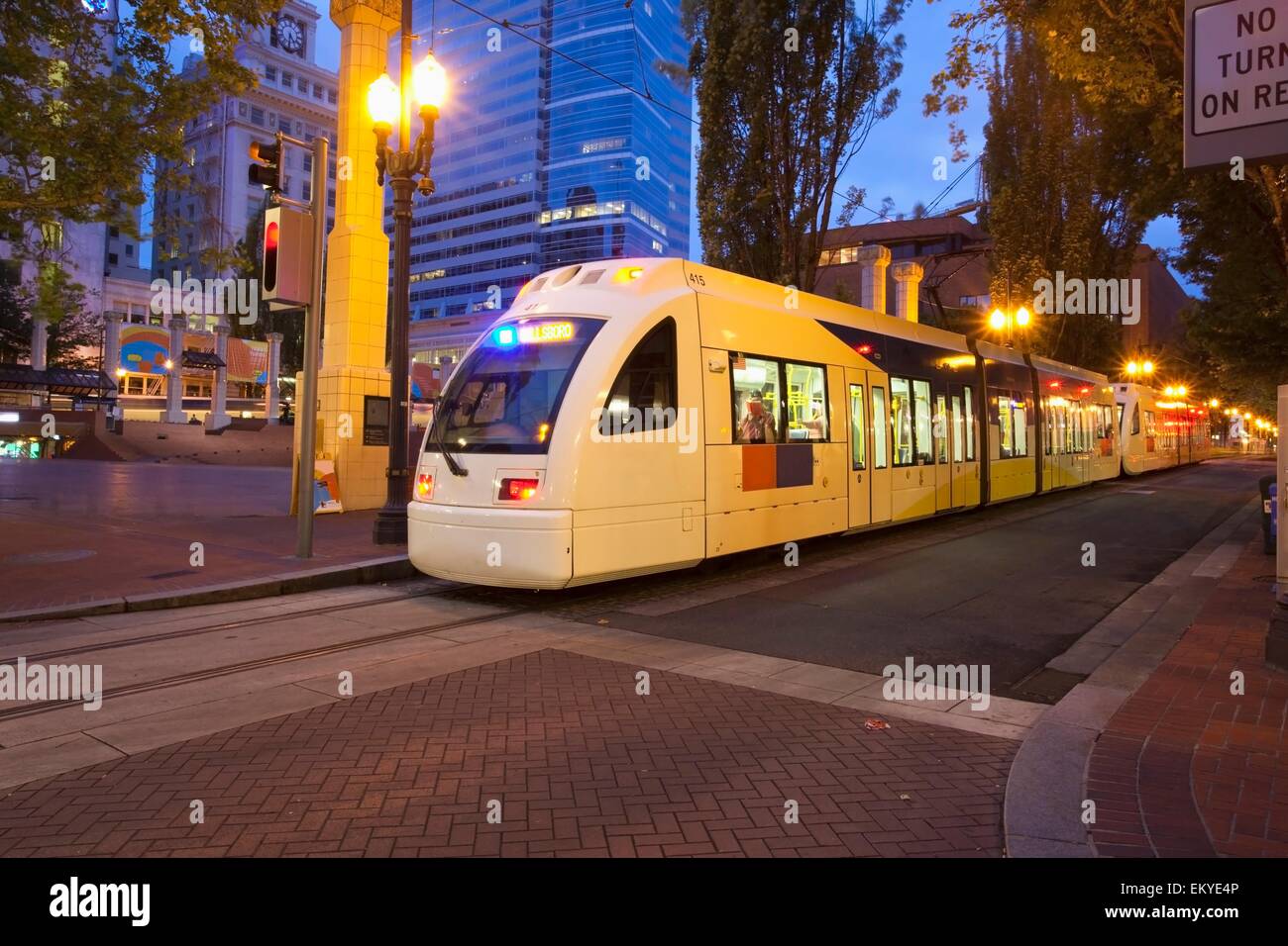 Max Train Traveling Through Pioneer Courthouse Square; Portland, Oregon