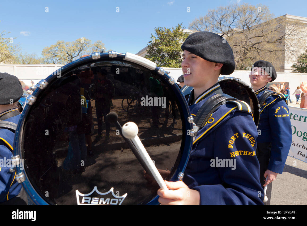High school marching band bass drummer USA Stock Photo Alamy