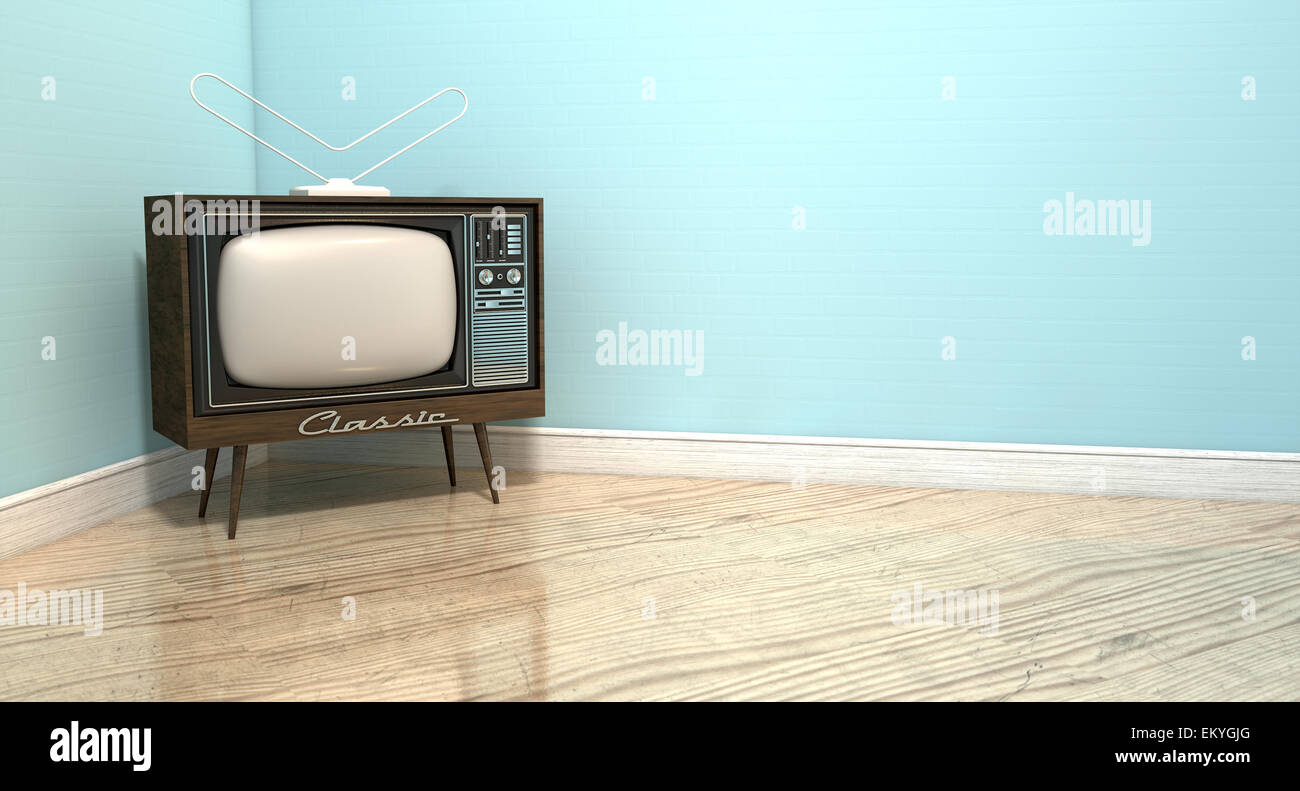 An old vintage television set in the corner of an empty room with light