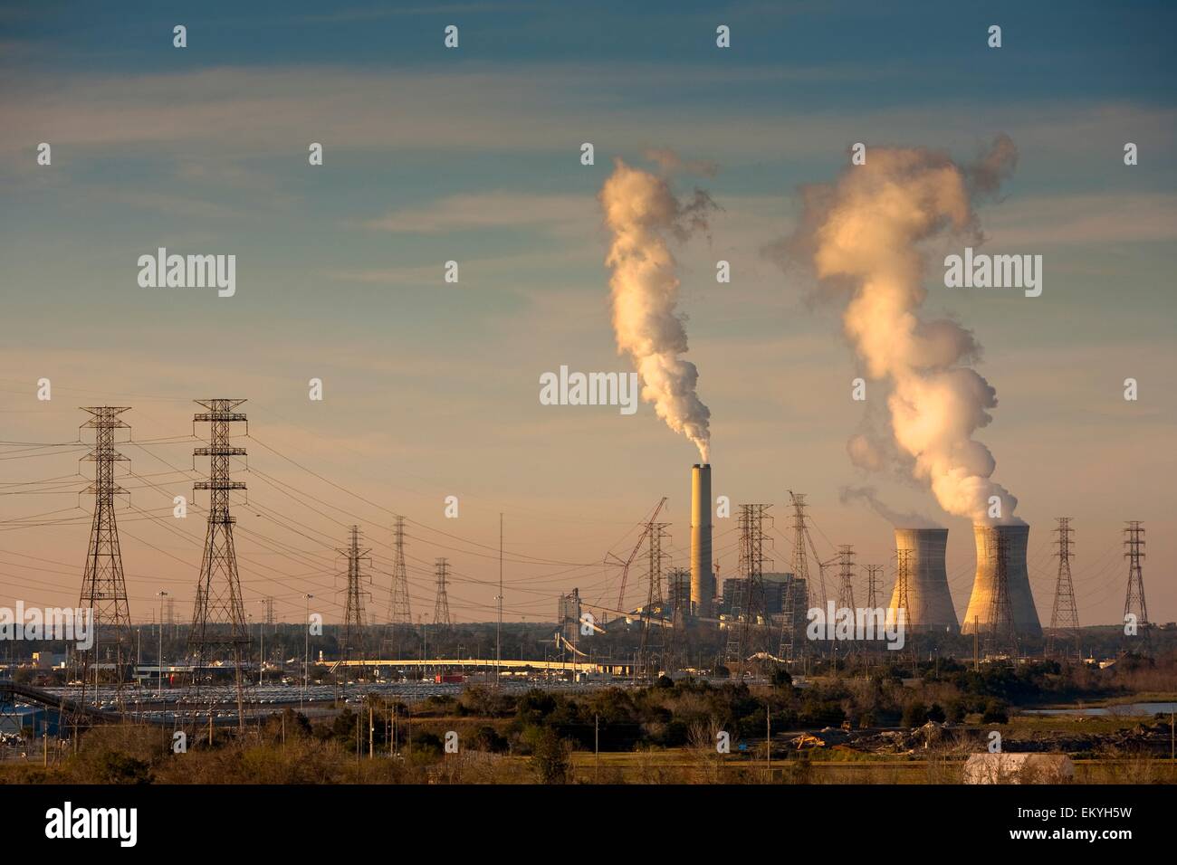 Smoke Stacks And Power Transmission Lines In Jacksonville Port