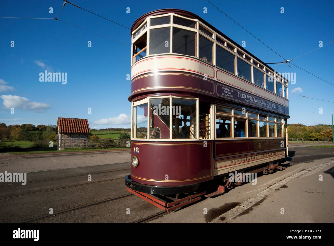A Double Decker Rail Car Traveling On The Tracks; Beamish, Durham
