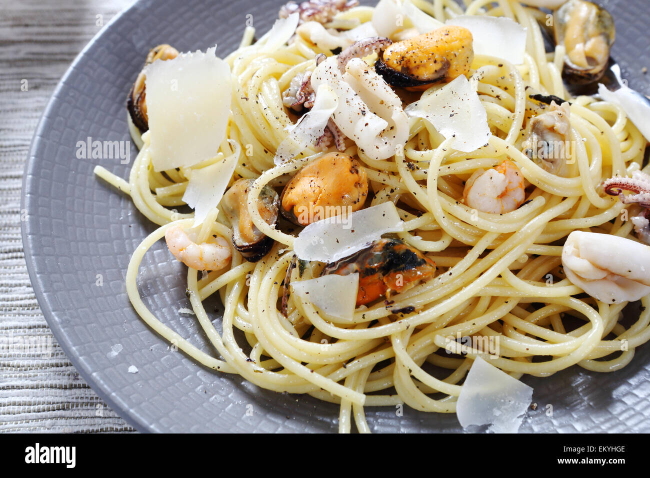 Spaghetti with seafood and cheese, food Stock Photo