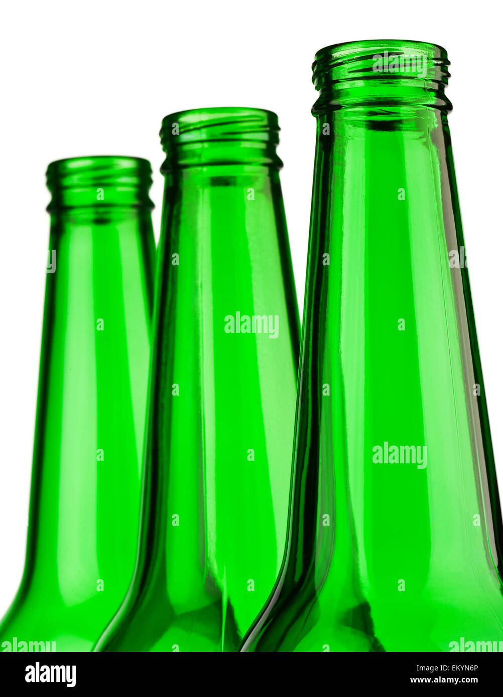 top of green bottles isolated Stock Photo