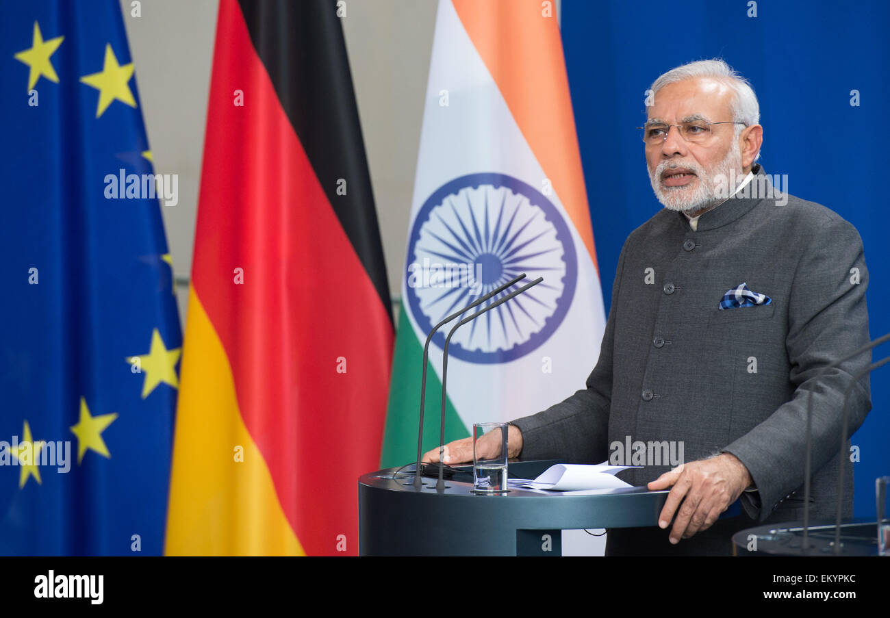 Berlin, Germany. 14th Apr, 2015. Indian Prime Minister Narendra Modi speaks during a press conference with German Chancellor Angela Merkel at the German Chancellery in Berlin, Germany, 14 April 2015. Photo: Bernd von Jutrczenka/dpa/Alamy Live News Stock Photo