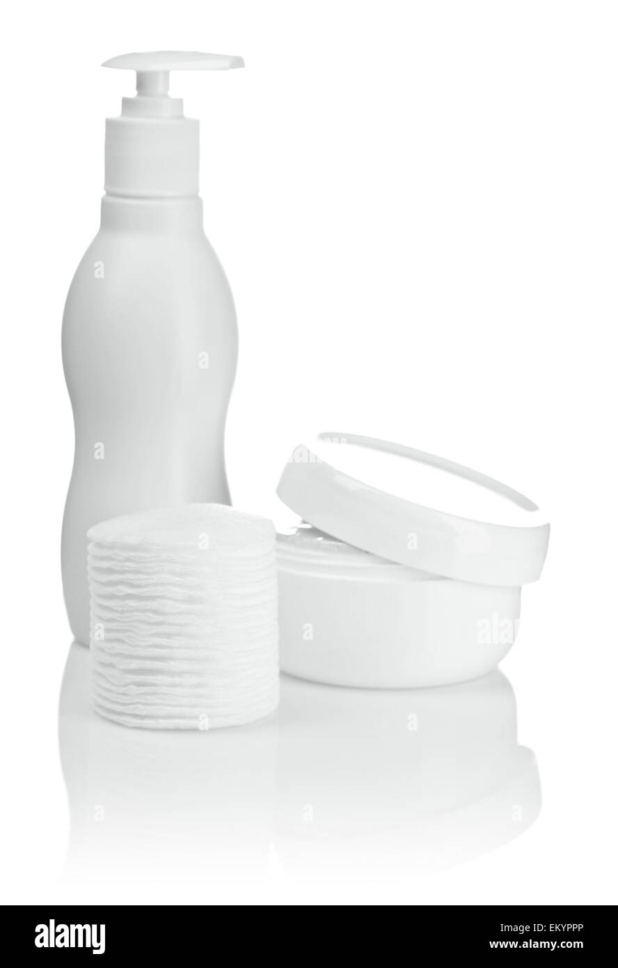 cotton pads bottle and cream isolated Stock Photo Alamy