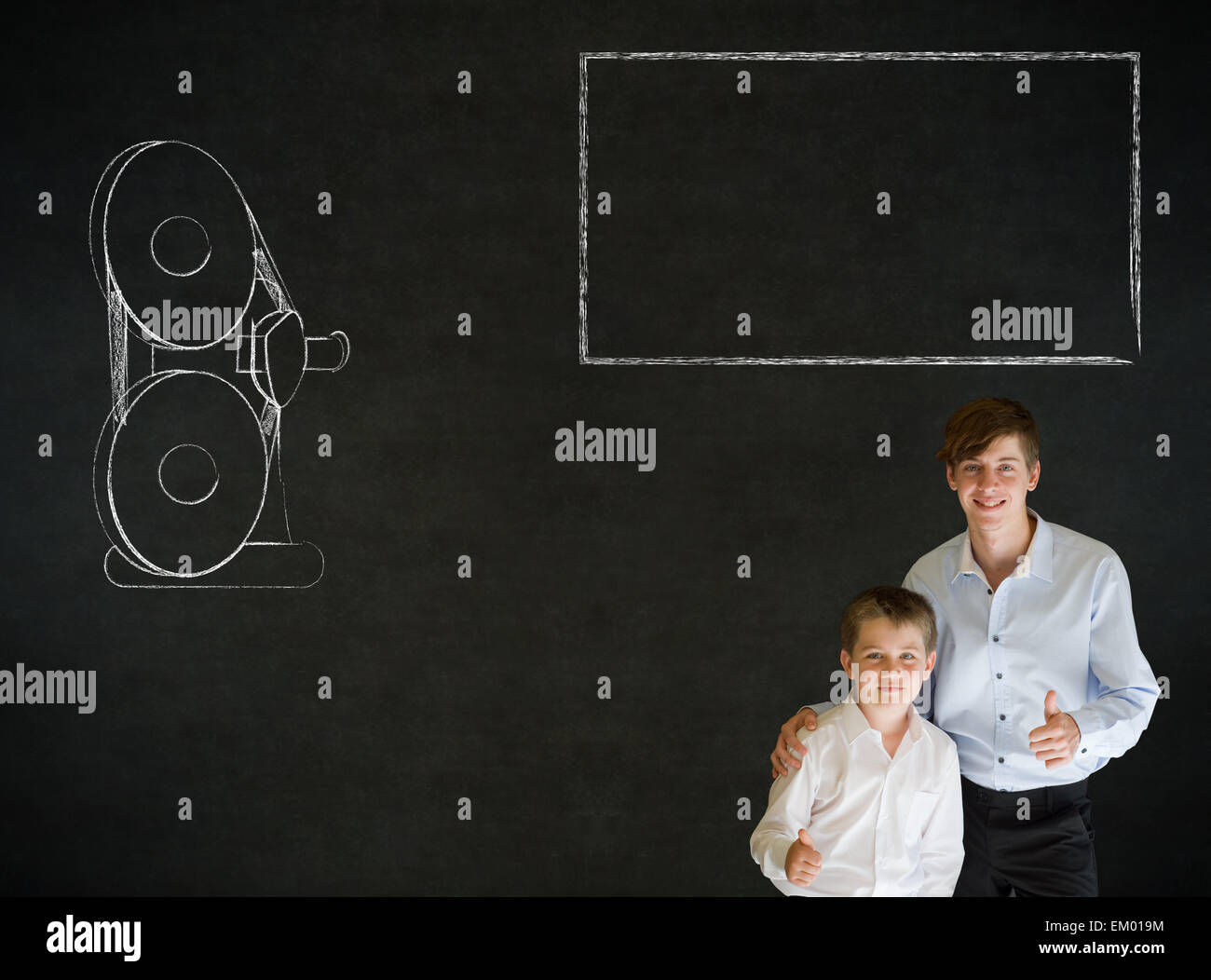 Thumbs up boy business man and teacher with retro chalk film projector Stock Photo