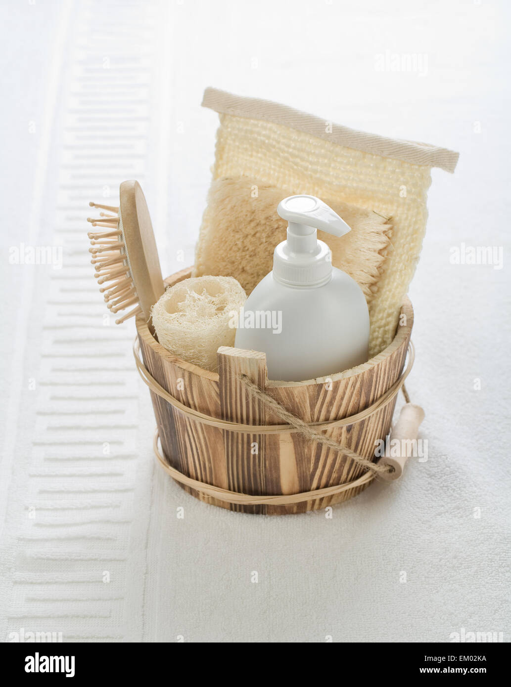 wooden bucket with objects for bathing Stock Photo Alamy