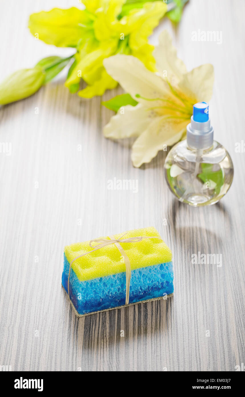 bath sponge soap flowers and bottle Stock Photo Alamy
