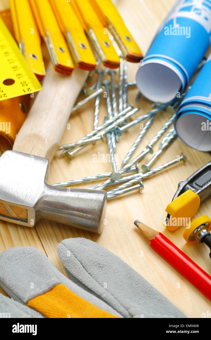 vertical composition of construction tools Stock Photo