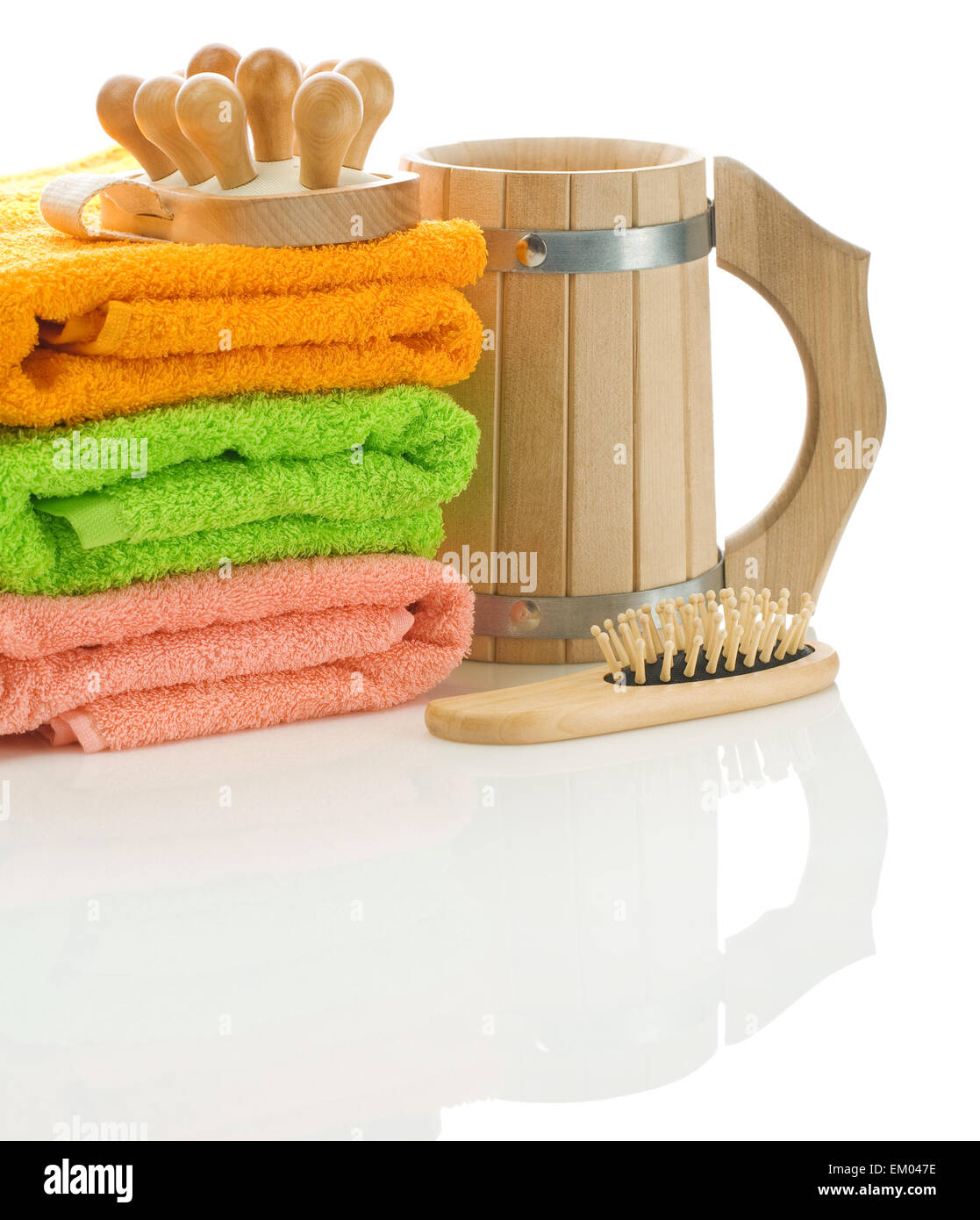 towels with wooden objects Stock Photo