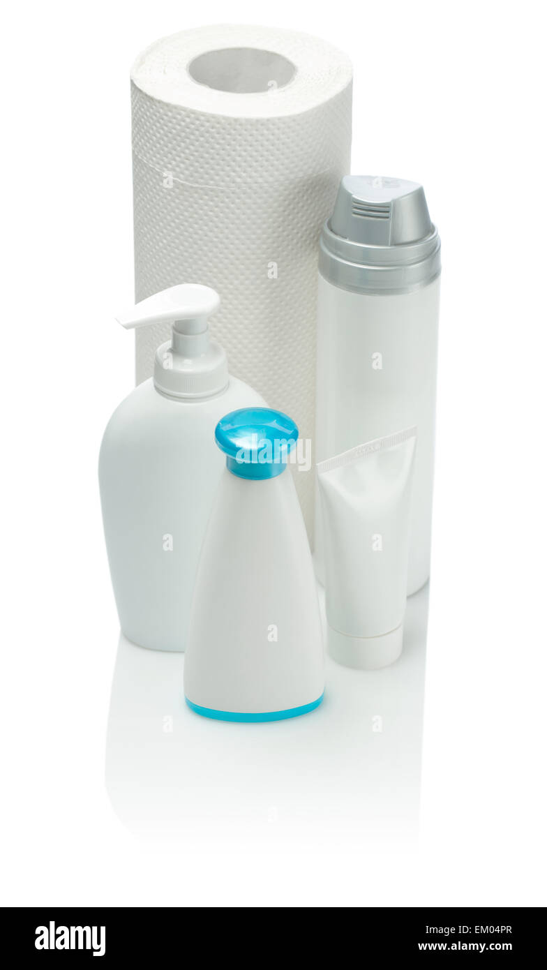 Bottles tube and paper towel Stock Photo Alamy