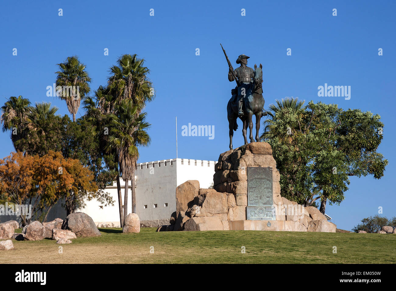 Equestrian statue in front of the Alte Feste or Old Fortress, Windhoek, Namibia Stock Photo