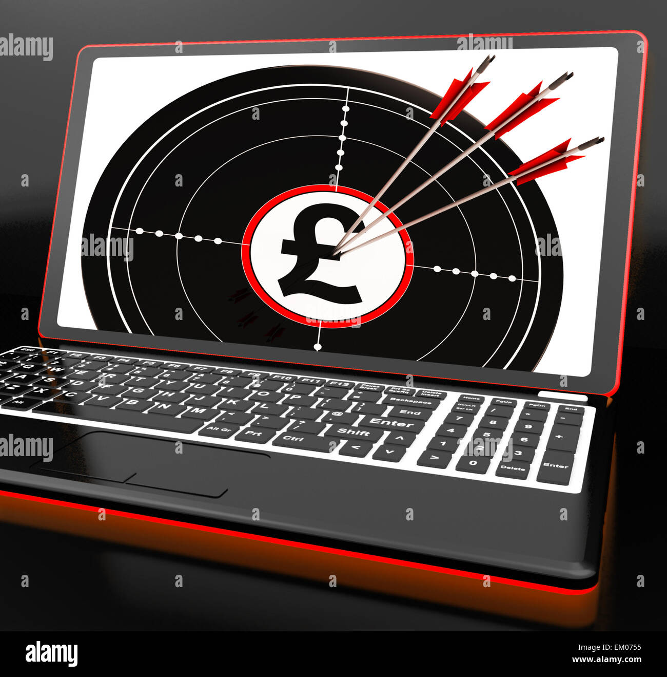 Pound Symbol On Laptop Shows Britain Finances Stock Photo