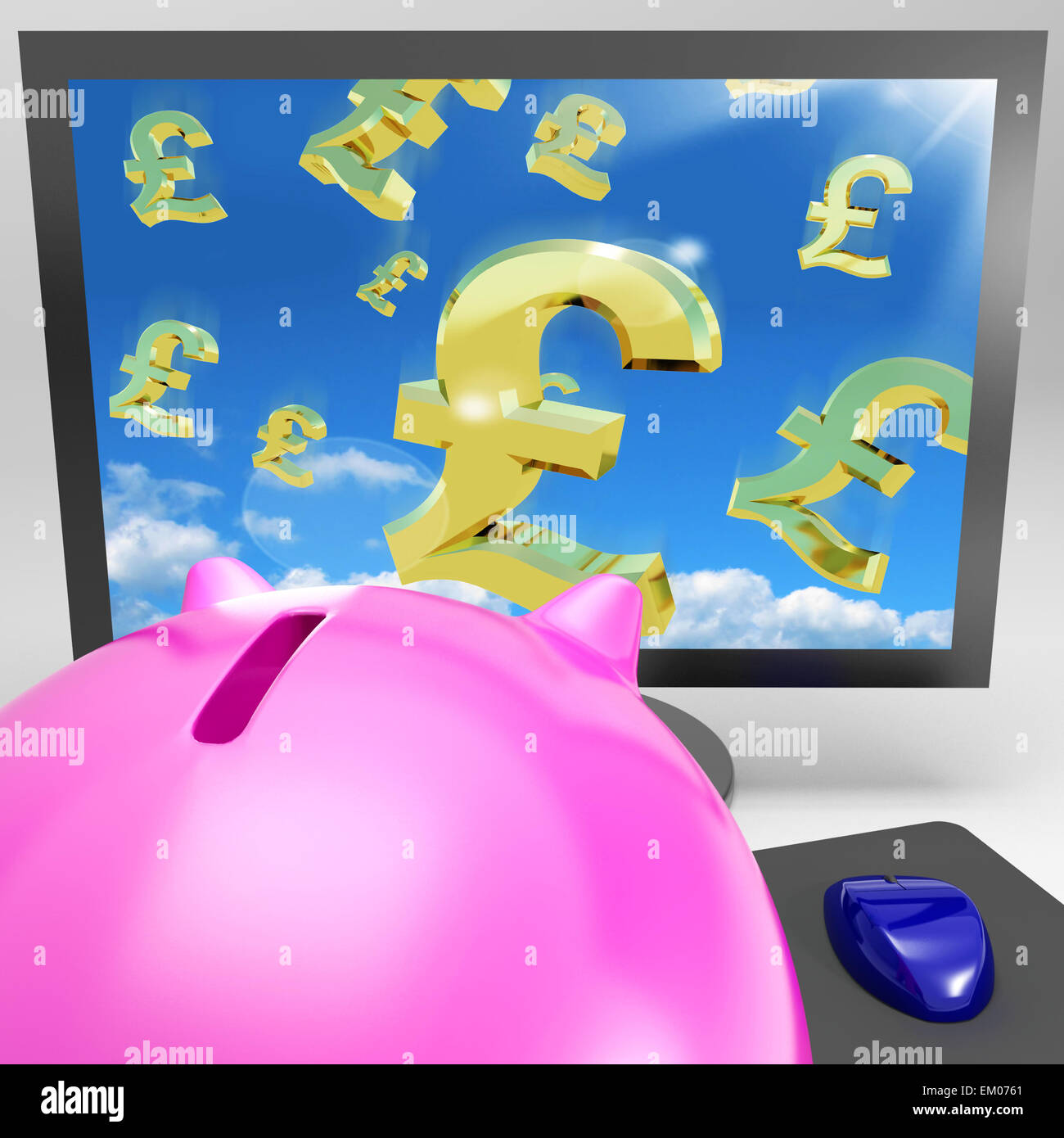 Pound Symbols Flying On Monitor Showing Britain Wealth Stock Photo