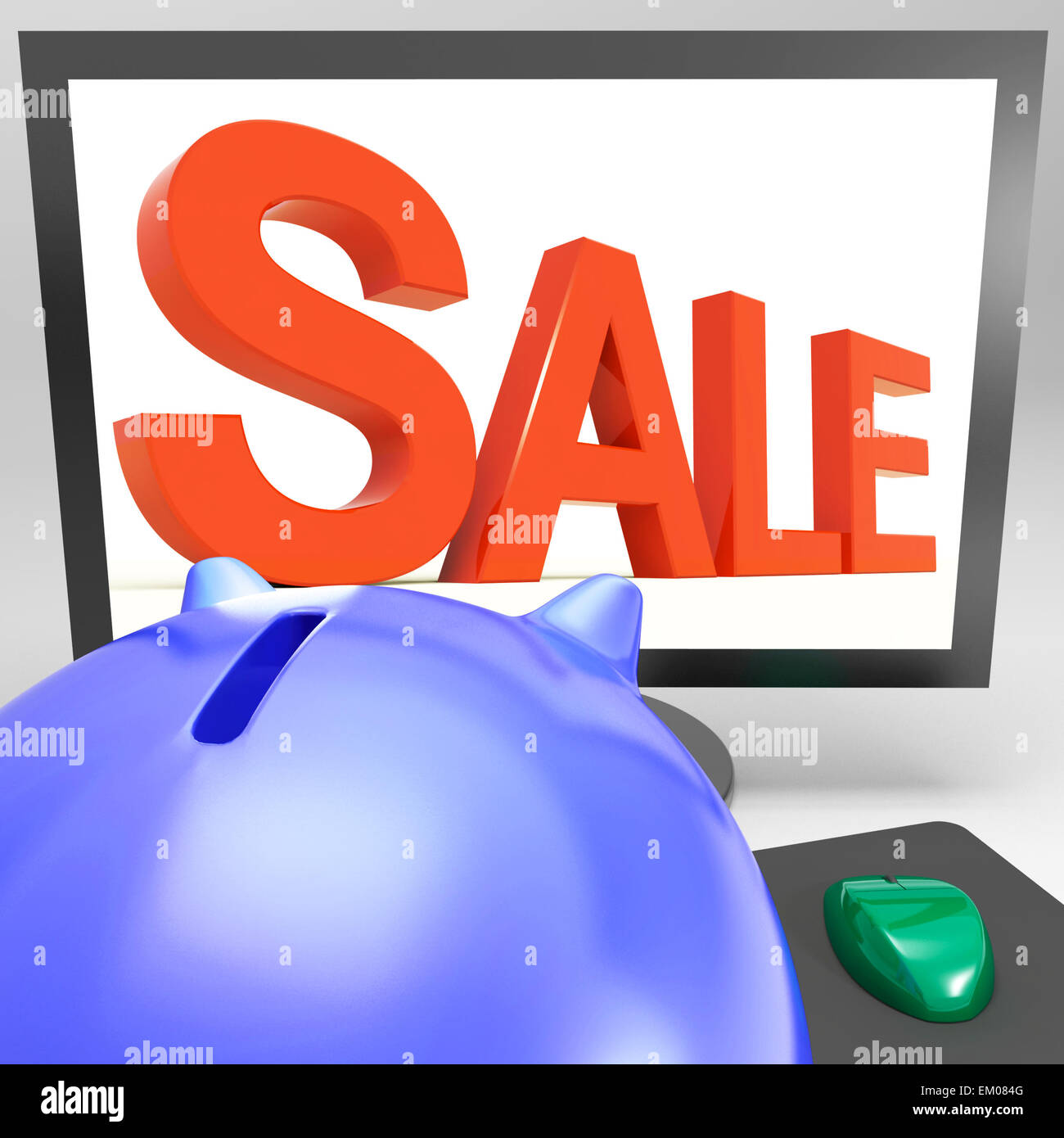 Sale On Monitor Shows Promotional Prices Stock Photo