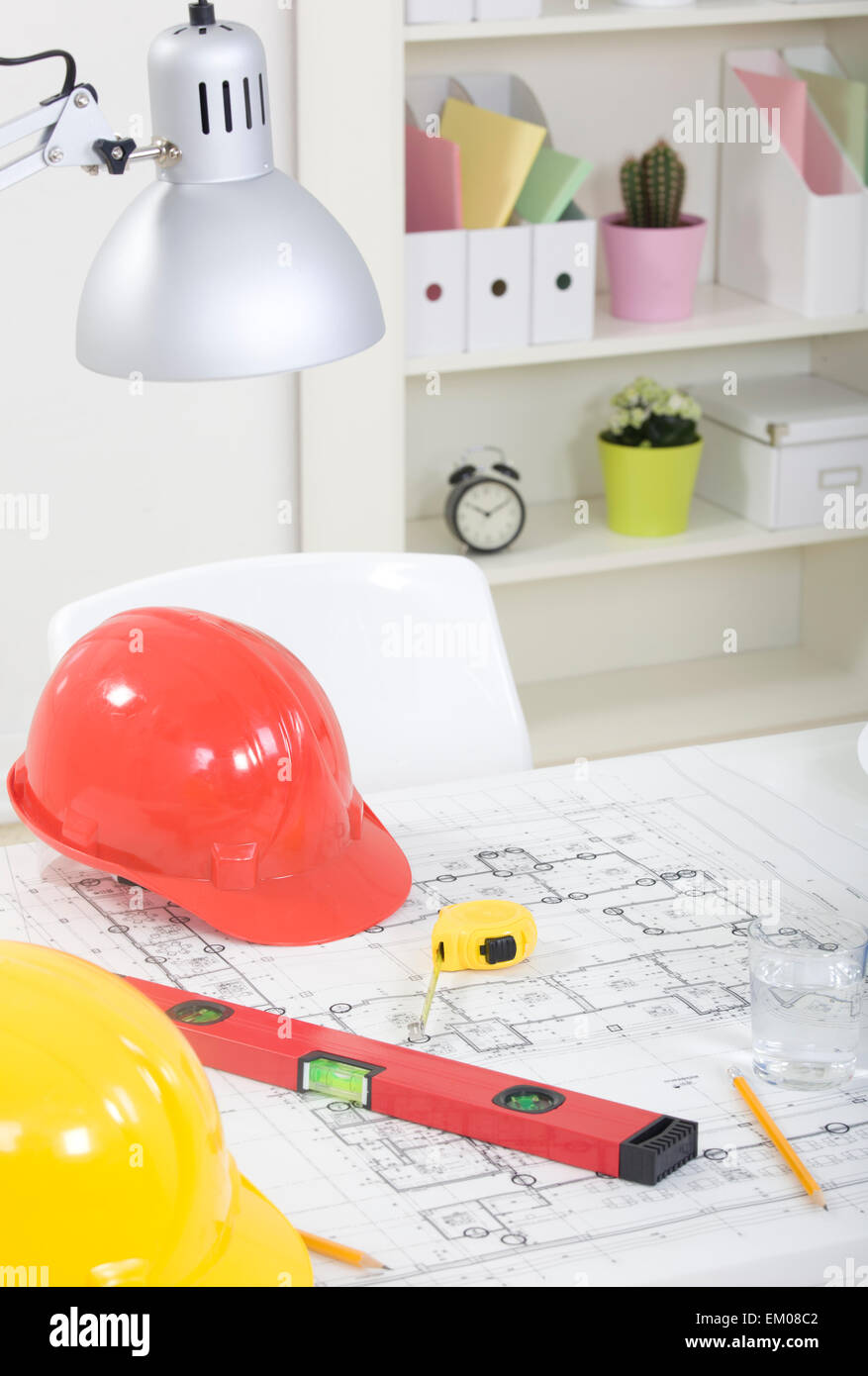 Tools and papers with sketches on the table Stock Photo Alamy