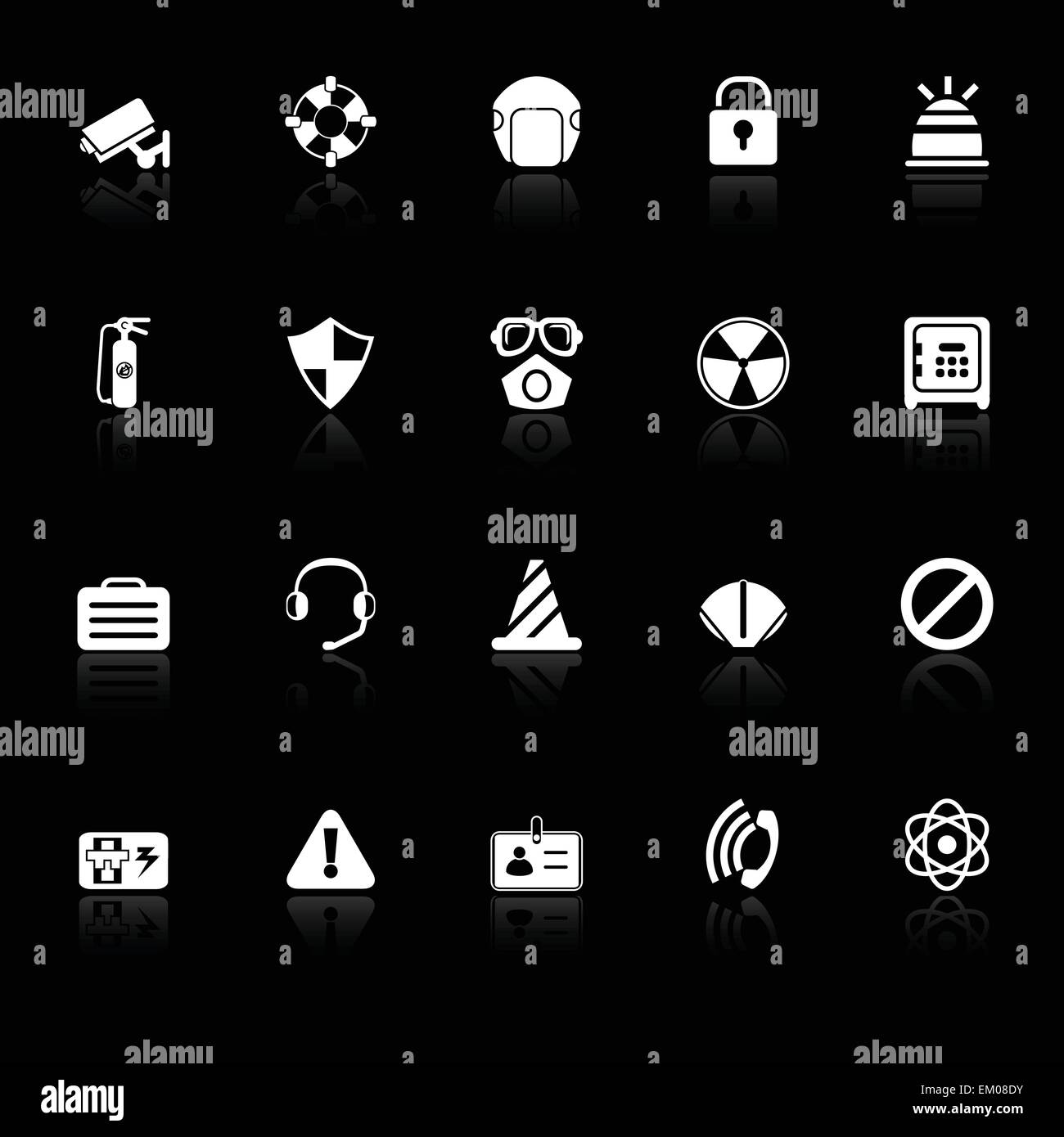 Safety icons with reflect on black background, stock vector Stock