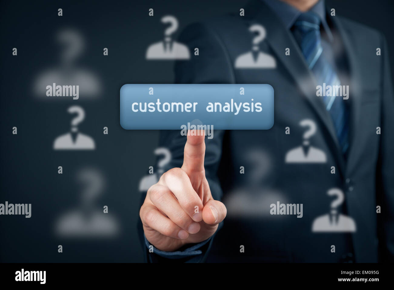 Customer analysis concept. Marketing specialist click on virtual button and customers with question mark against head. Stock Photo