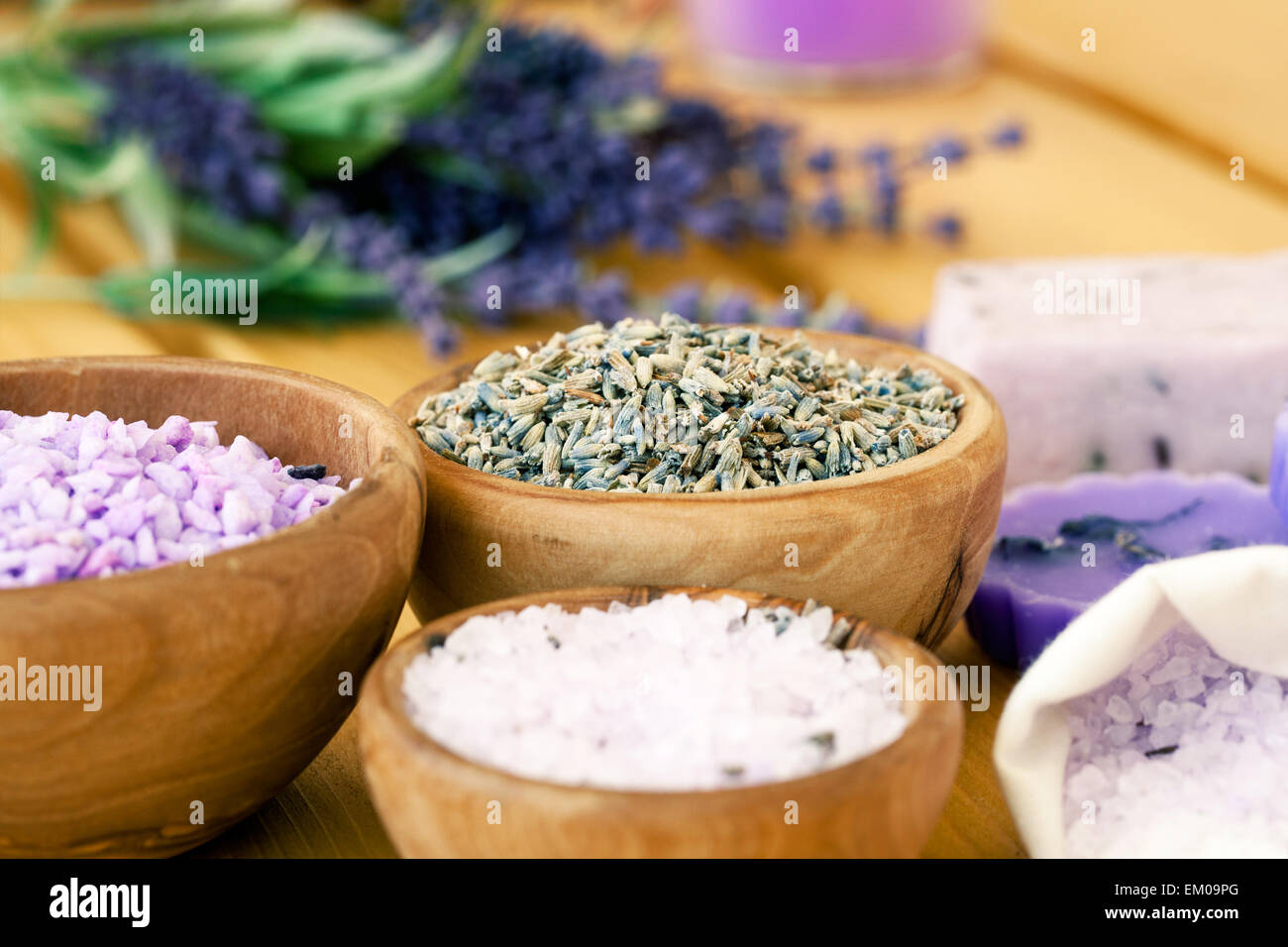 bowl of lavender bath salt - beauty treatment Stock Photo