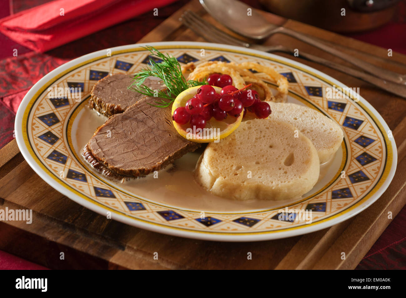 Svíčková na smetaně. Beef in cream sauce with bread dumplings. Czech Food Stock Photo