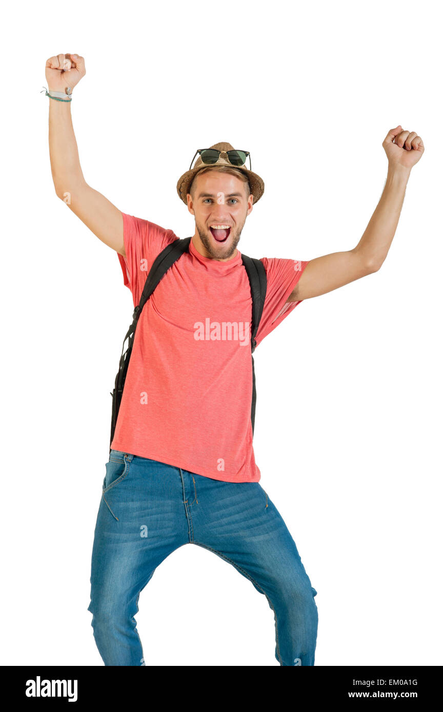 Young happy tourist traveling with camera and pack Stock Photo