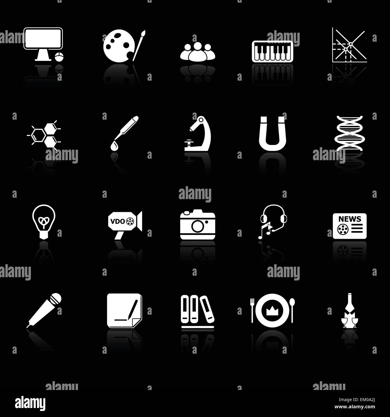 General learning icons with reflect on black background, stock vector ...