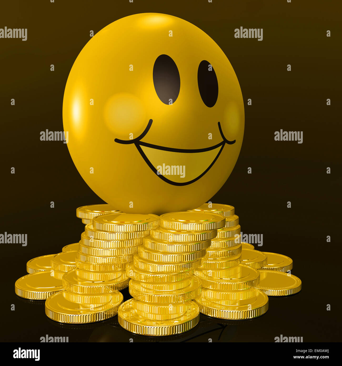 Smiley Face With Coins Shows Profitable Earnings Stock Photo