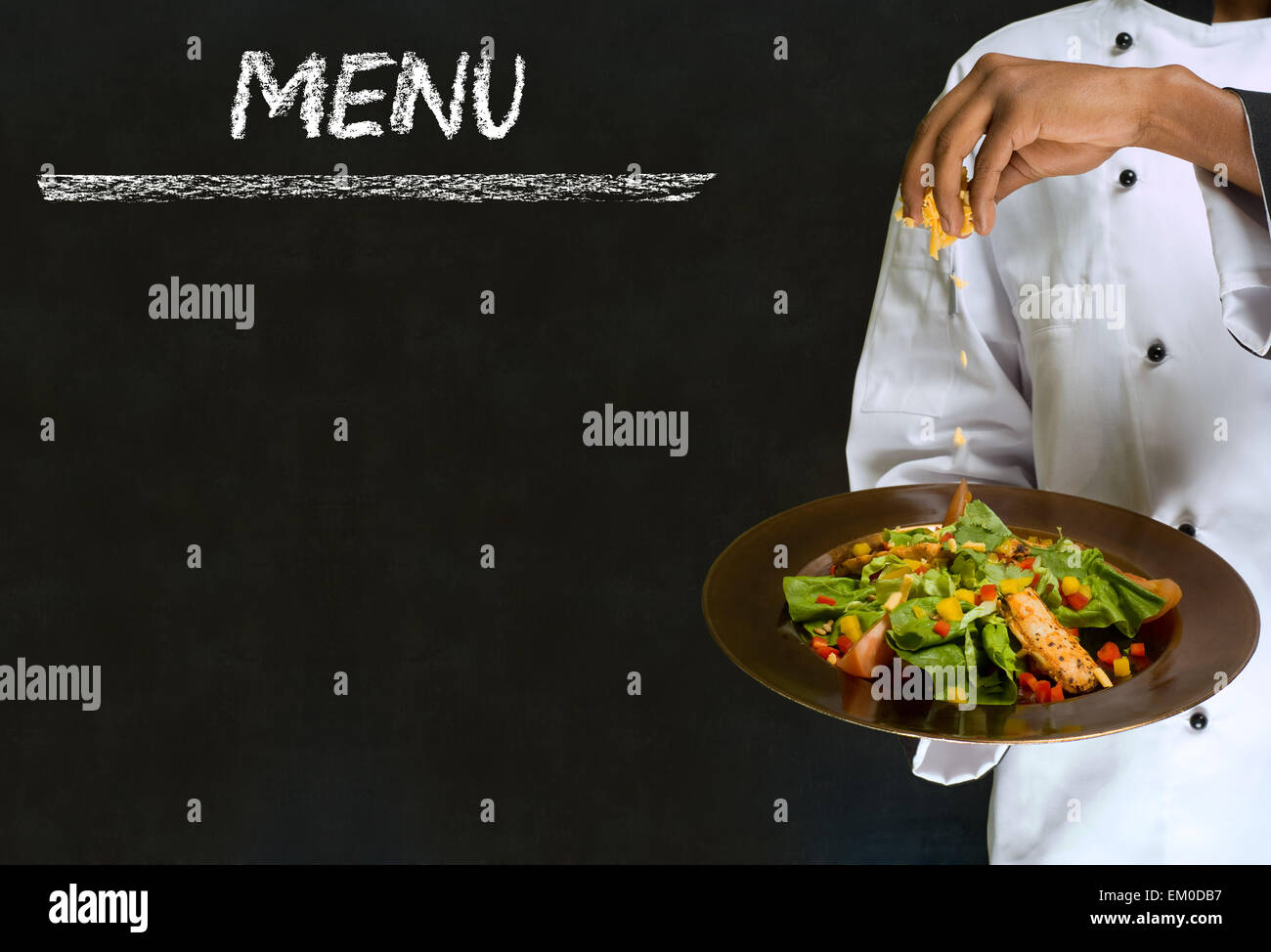 Chef with healthy salad food on chalk blackboard menu background Stock  Photo - Alamy