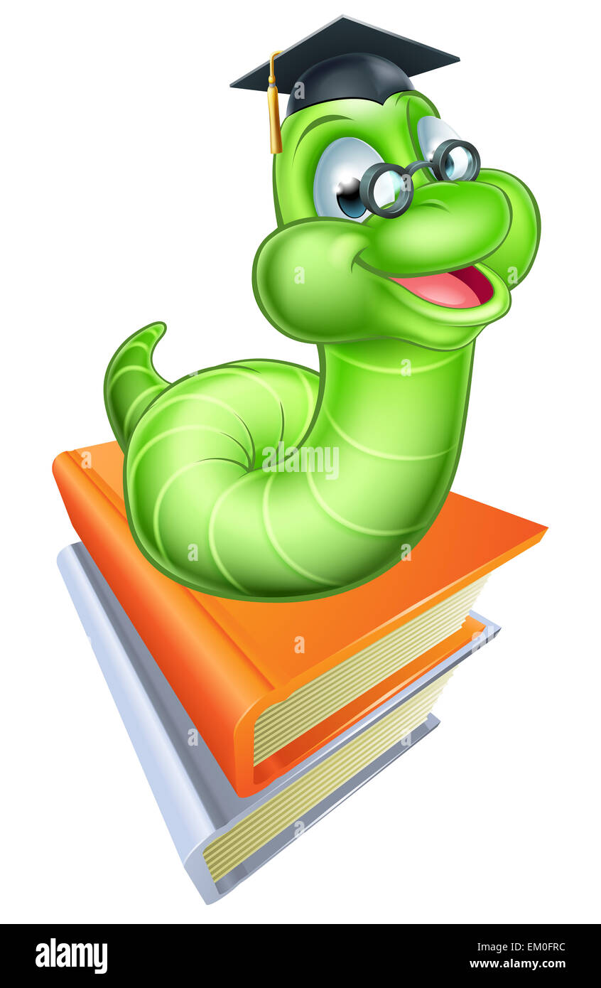 Happy cartoon caterpillar worm bookworm mascot wearing glasses and  graduation hat on a stack of books Stock Photo - Alamy