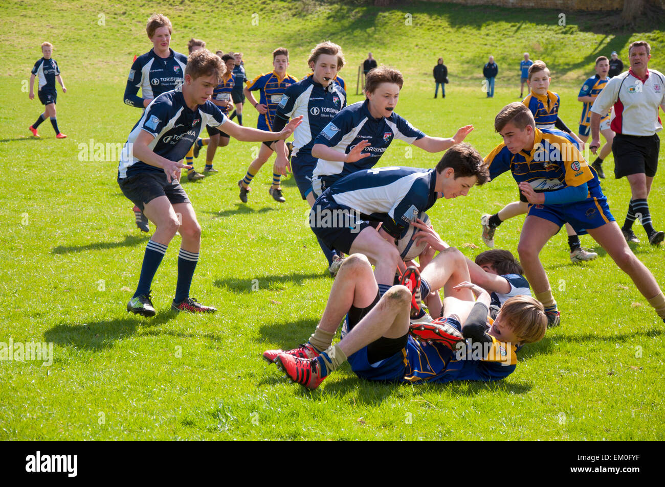 Under fifteen age group school rugby union match. Contact sport in England UK Stock Photo