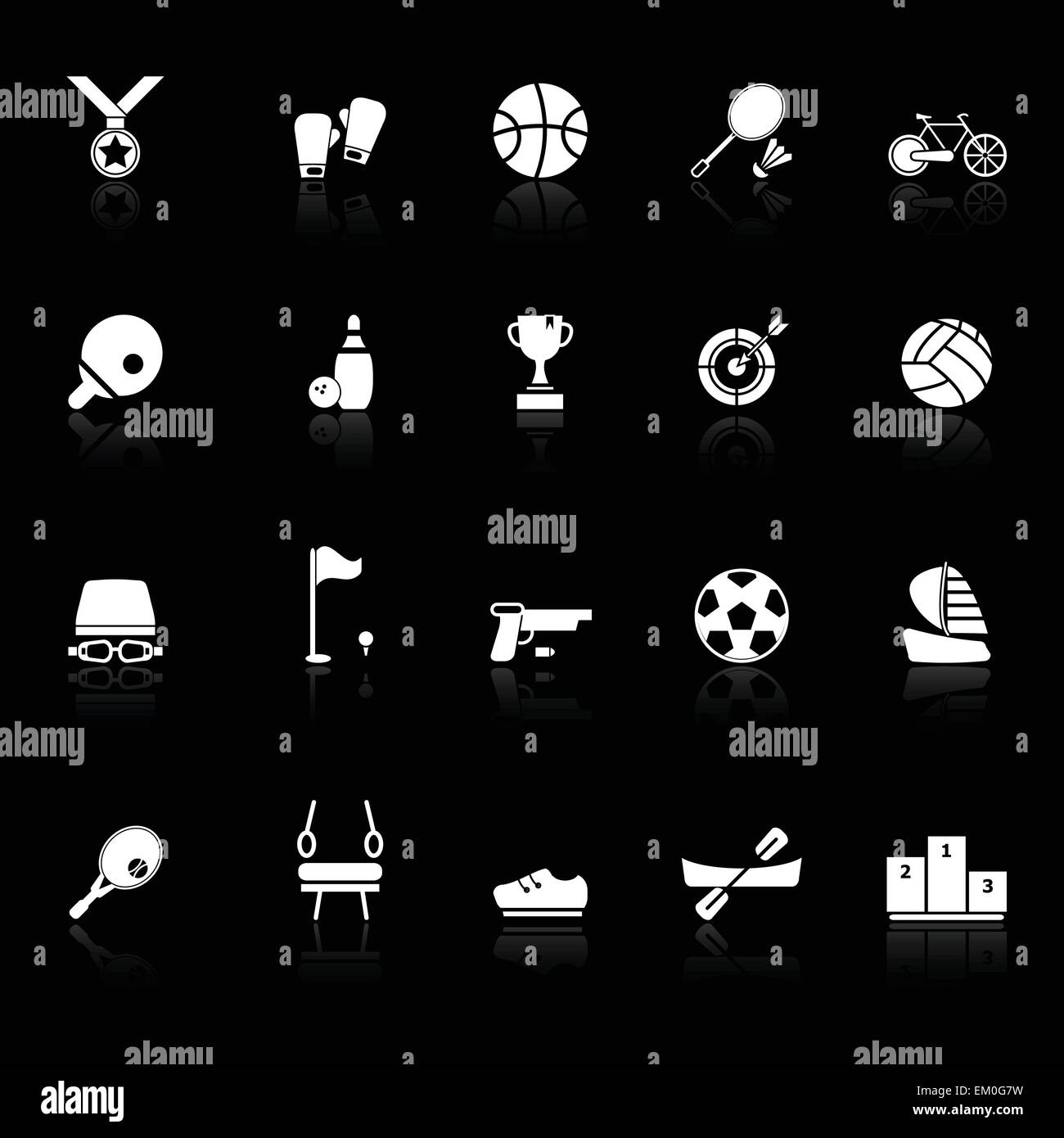Sport game athletic icons with reflect on black background, stock ...