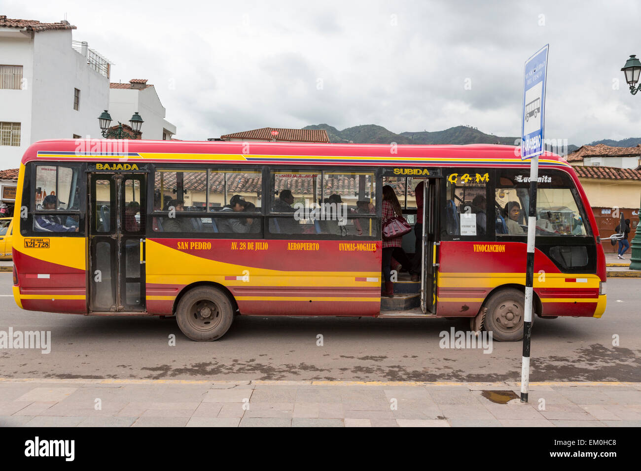 Peru, Cusco.  Local Transport.  Bus Stopped at Bus Stop. Stock Photo