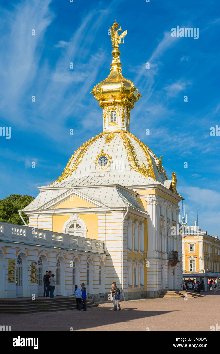 The Coat-of-Arms Pavilion at the Peterhof Palace, Saint Petersburg, topped by a double eagle. Stock Photo