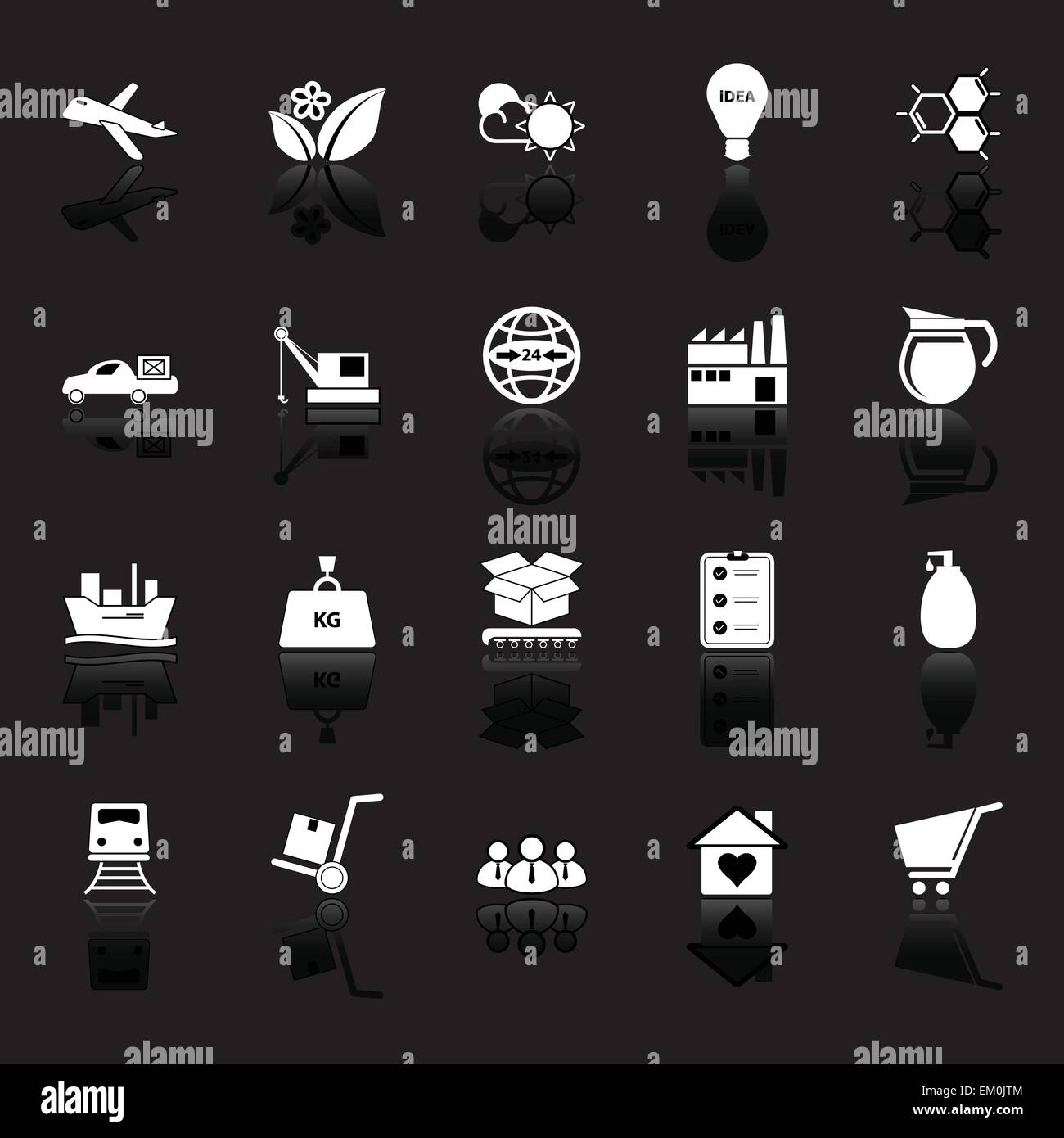 Supply chain and logistic icons with reflect on black background, stock ...
