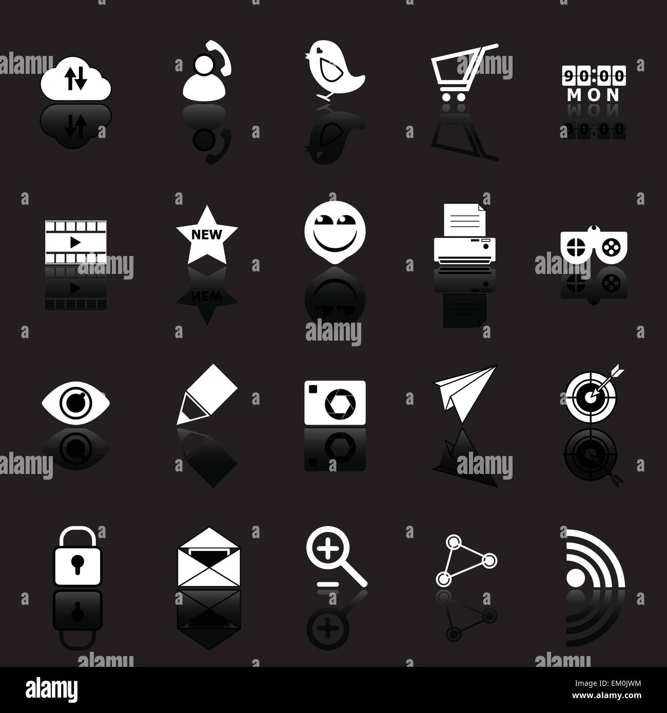 Internet useful icons with reflect on black background, stock vector ...