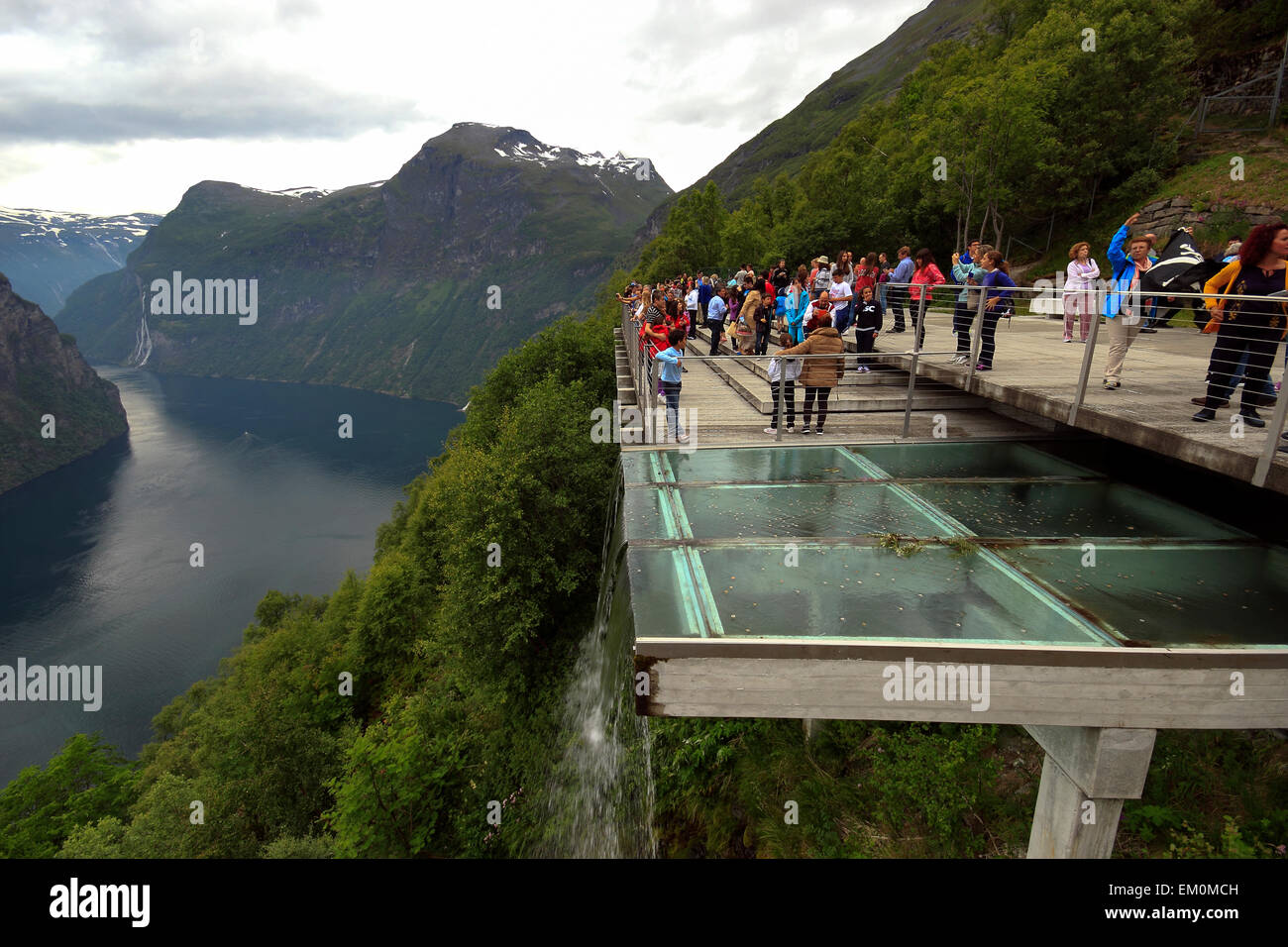 Tourists at the Eagle’s Road viewing platform, Geiranger, Norway