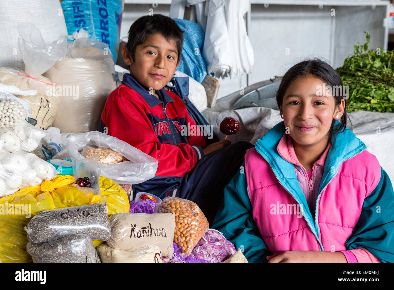 Peru, Cusco, San Pedro Market.  Brother and Sister. Stock Photo