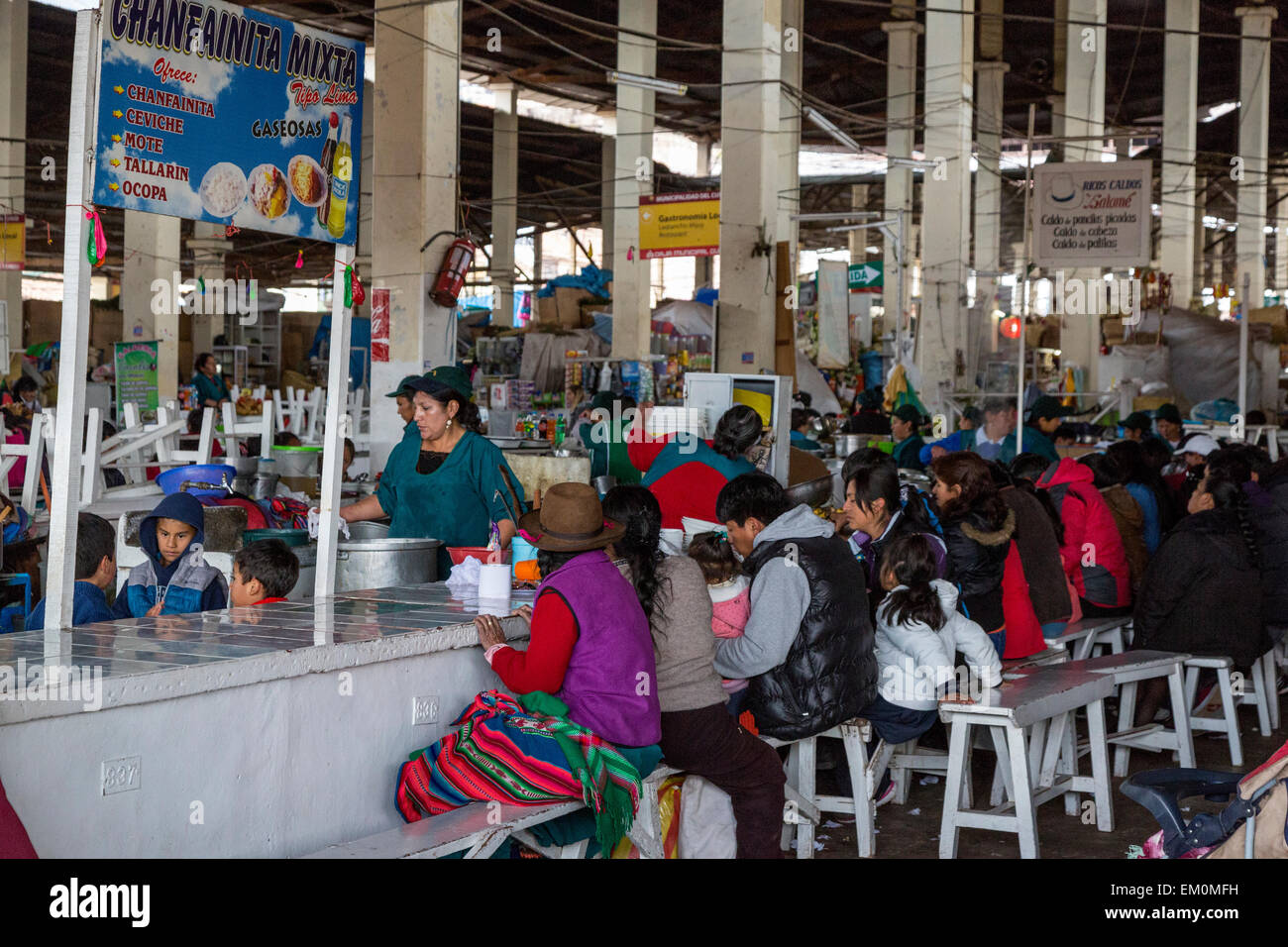 Peru, Cusco, San Pedro Market. People Eating in the Food Court Area of