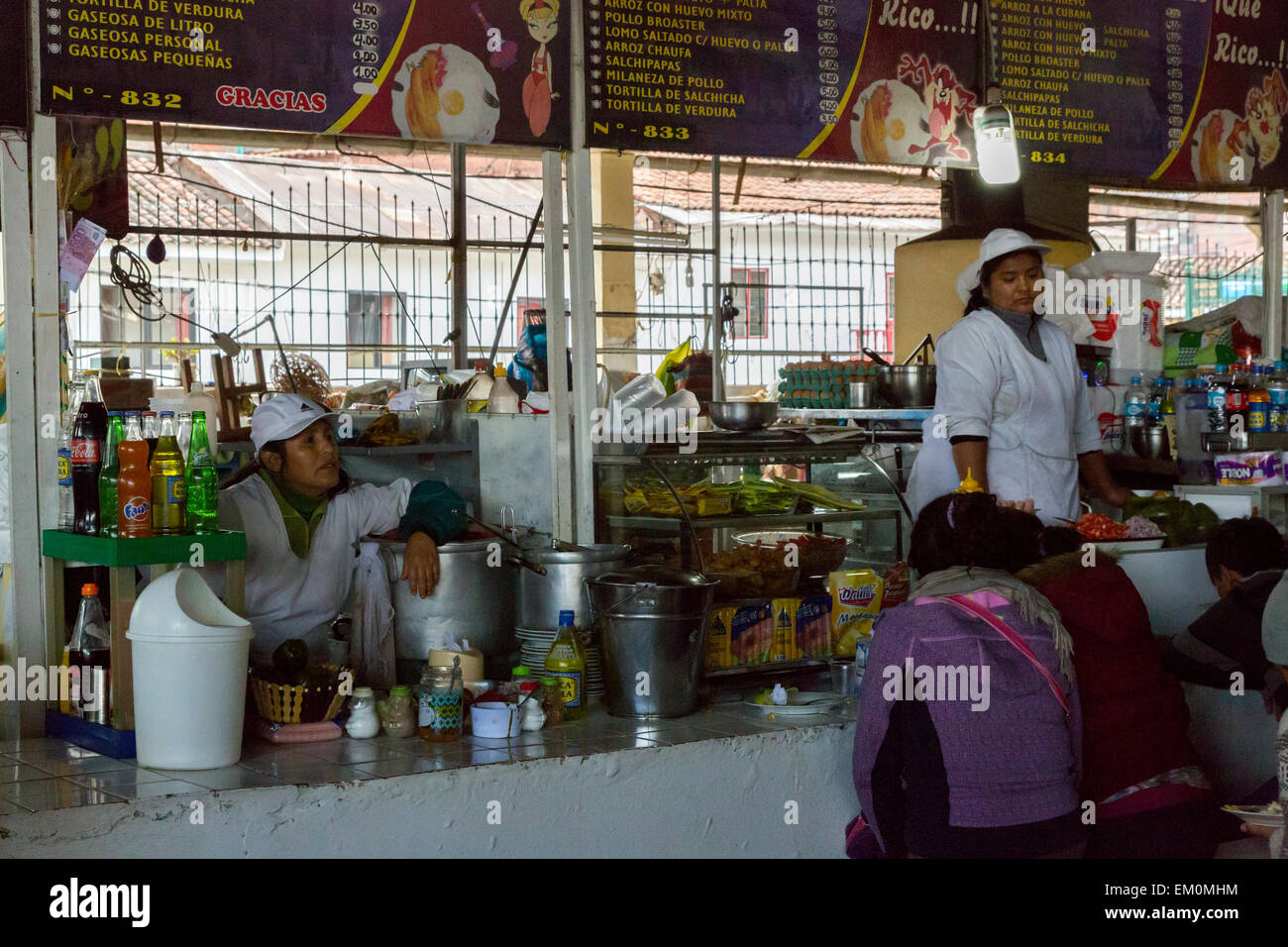 Peru, Cusco, San Pedro Market. Customers Eating in the Food Court Area