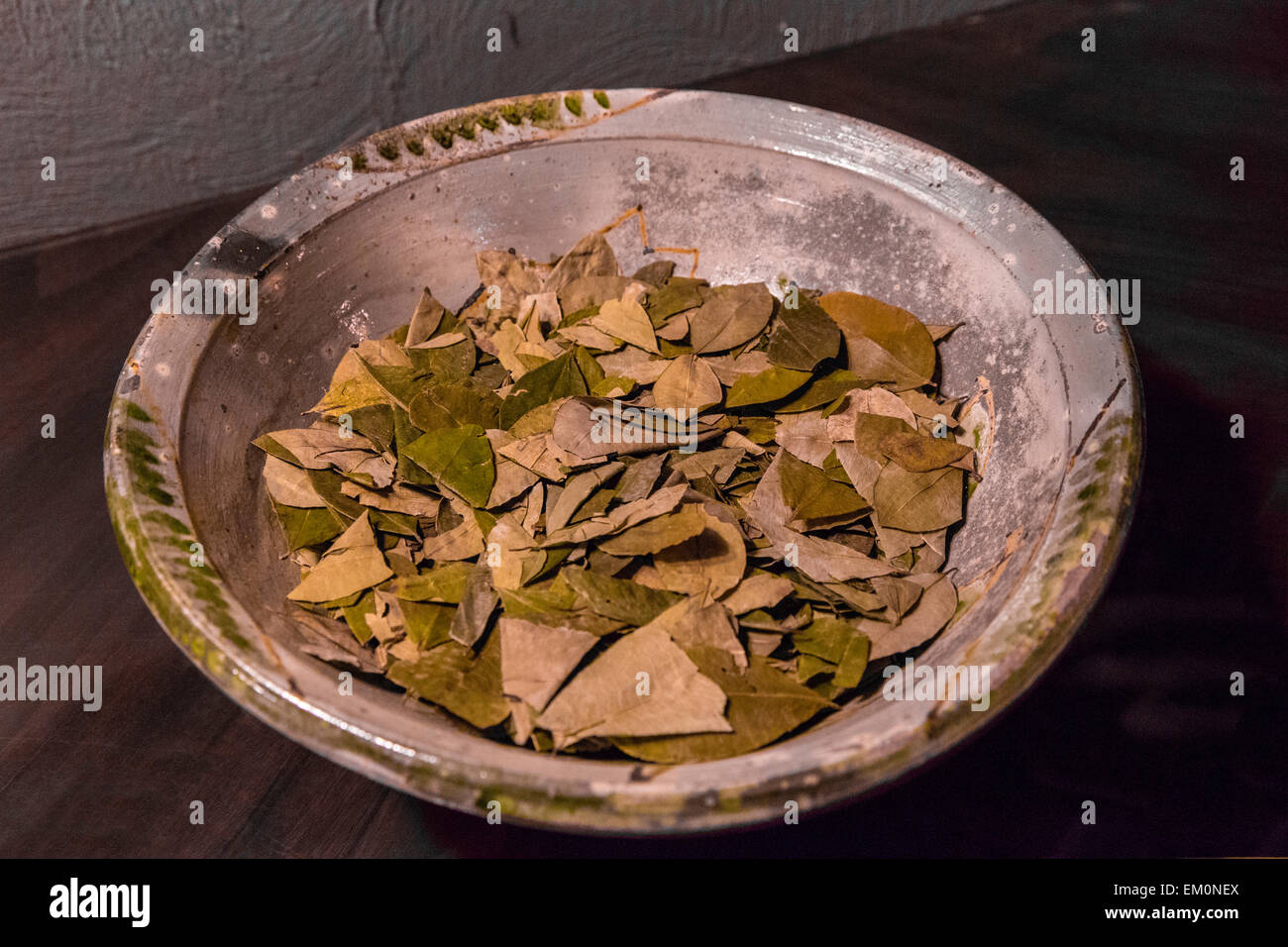 Peru, Cusco.  Bowl of Coca Leaves.  Tea from coca helps reduce effects of Cusco's 11,000-foot altitude. Stock Photo