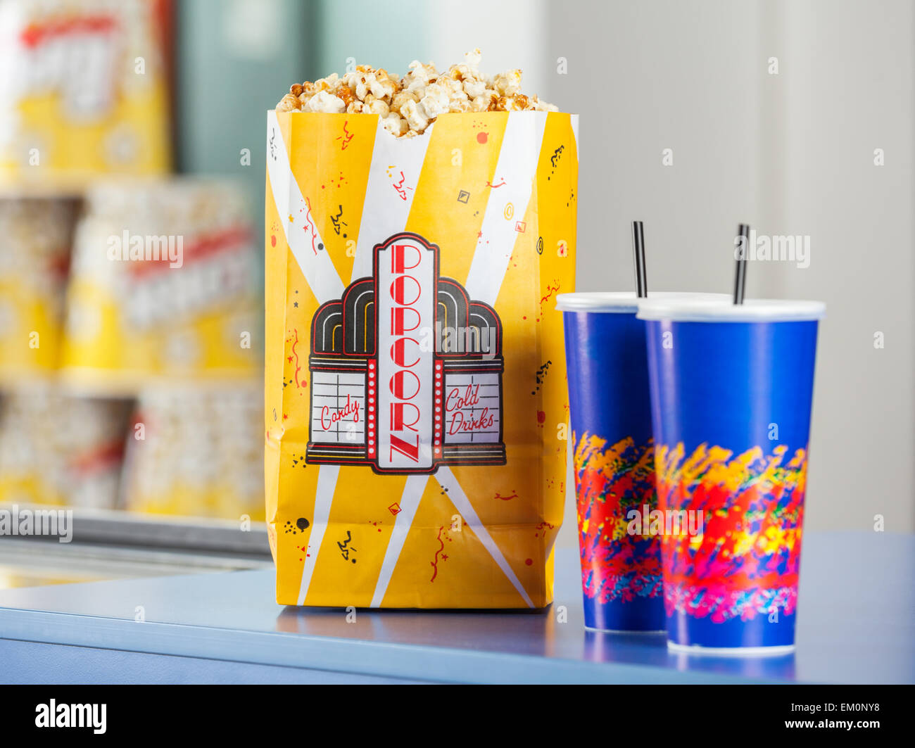 Popcorn And Drinks On Concession Stand Stock Photo