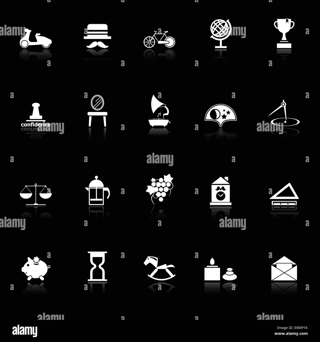 Vintage item icons with reflect on black background, stock vector Stock ...