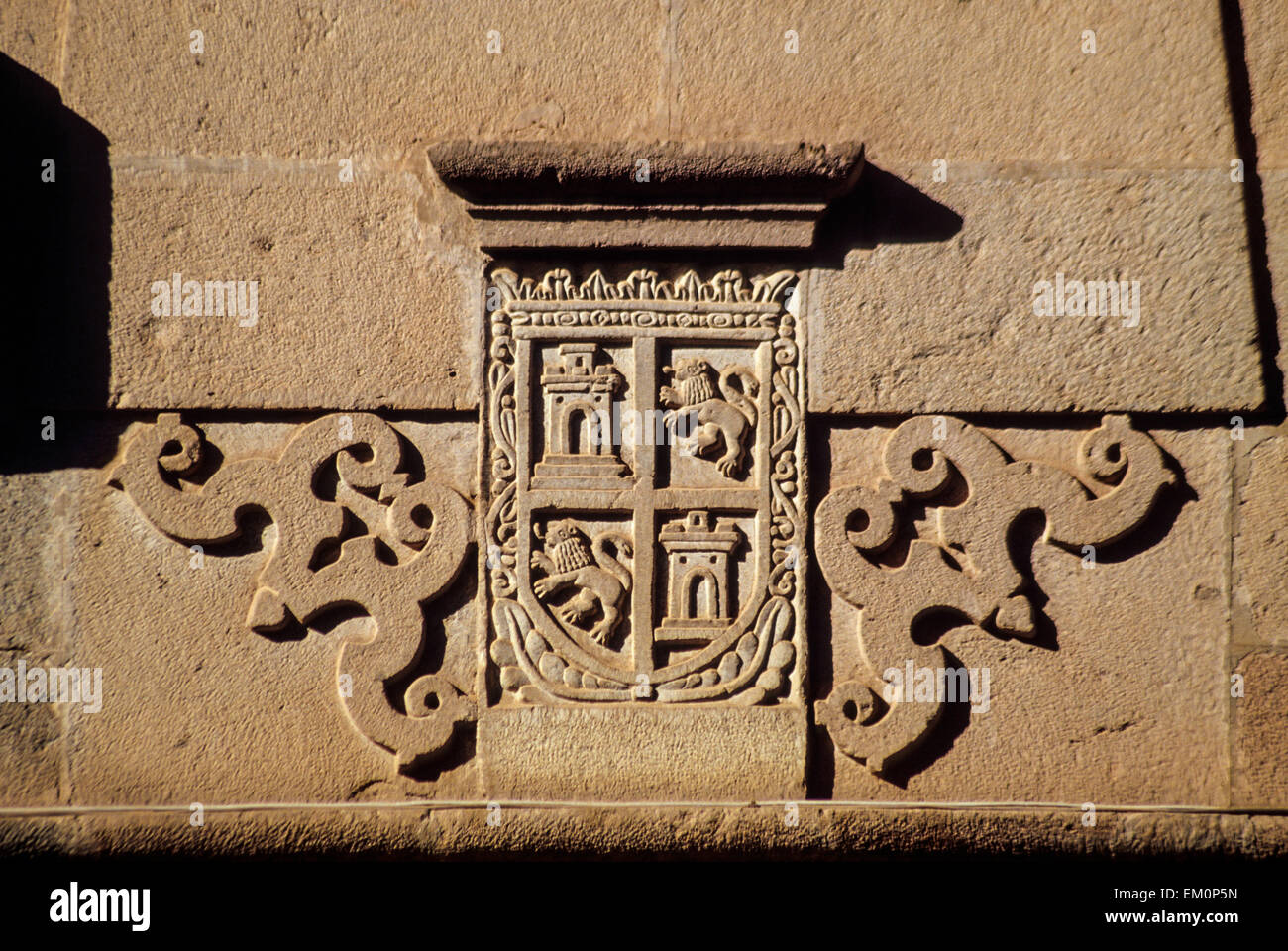 Peru, Cusco.  Coat of Arms Carved in Stone. Stock Photo