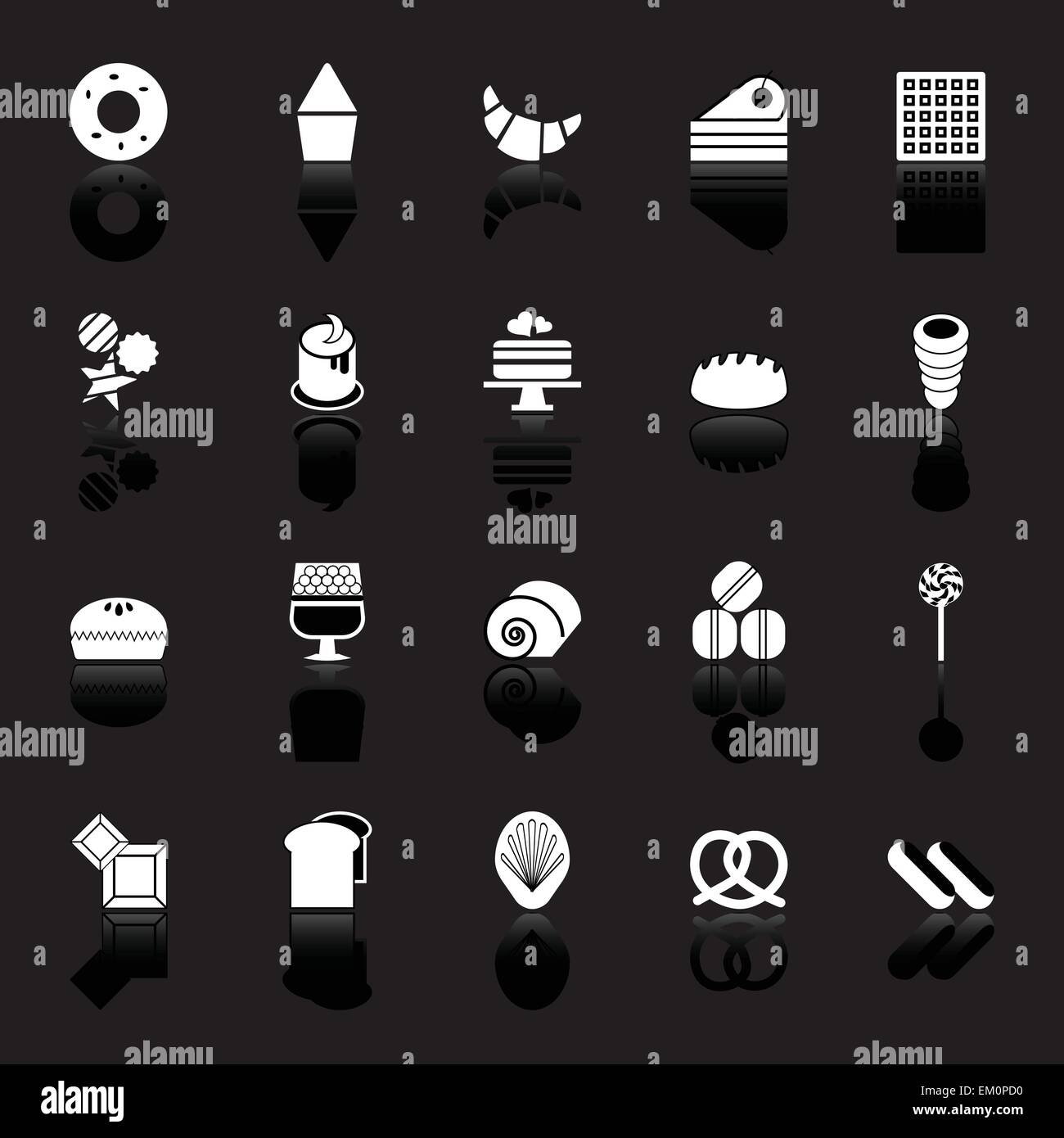 Variety bakery icons with reflect on black background, stock vector ...